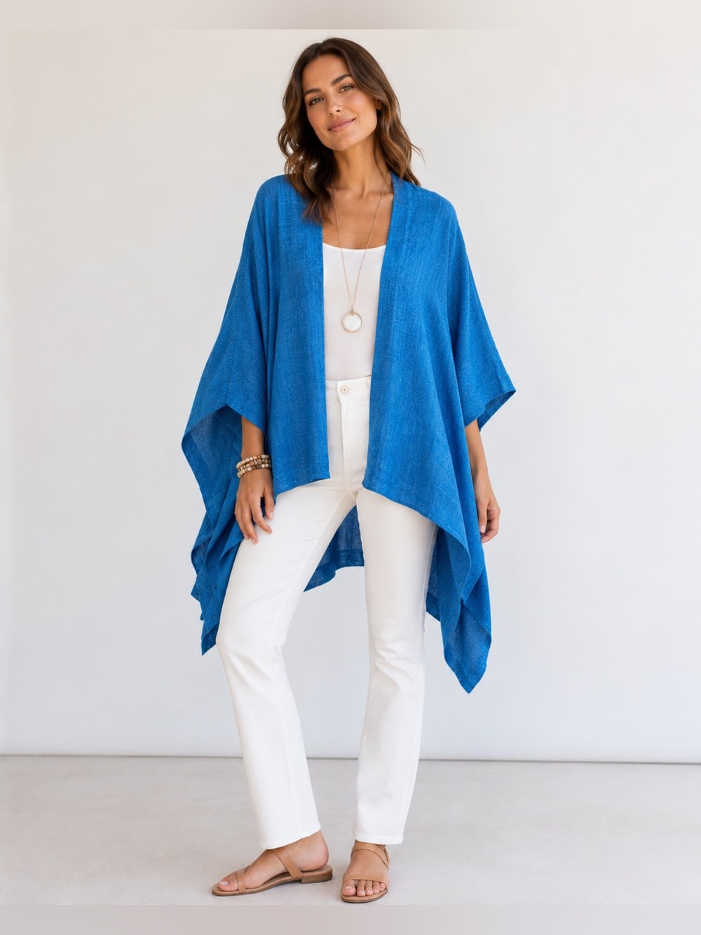 Eskandar Blue/Teal Linen Draped Kimono Cardigan Lagenlook Luxury Made in England